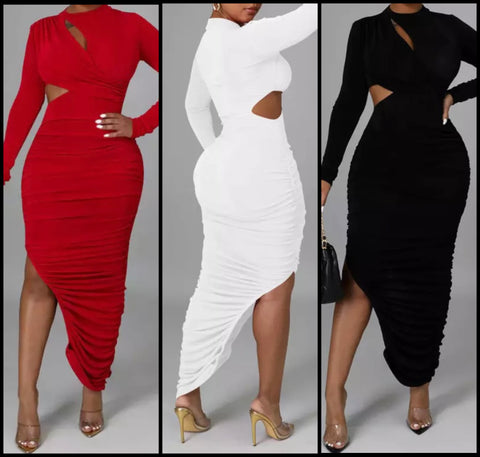 Women Sexy Ruched Asymmetrical Full Sleeve Cut Out Dress