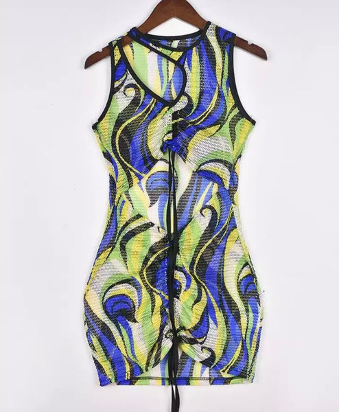 Women Sexy Multicolored Print Sleeveless Drawstring Dress