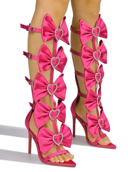 Women Fashion Rhinestone Heart Bow Lace Up Sandals