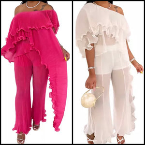 Women Sexy Off The Shoulder Ruffled Asymmetrical Two Piece Pant Set