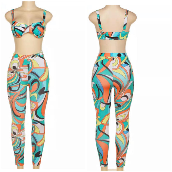 Women Sexy Sleeveless Multicolored Print Two Piece Pant Set