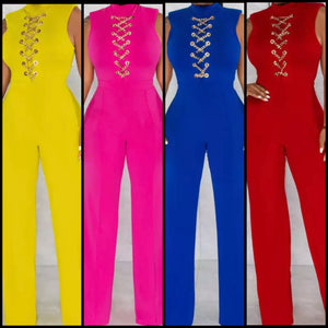 Women Sleeveless Chain Lace Up Jumpsuit