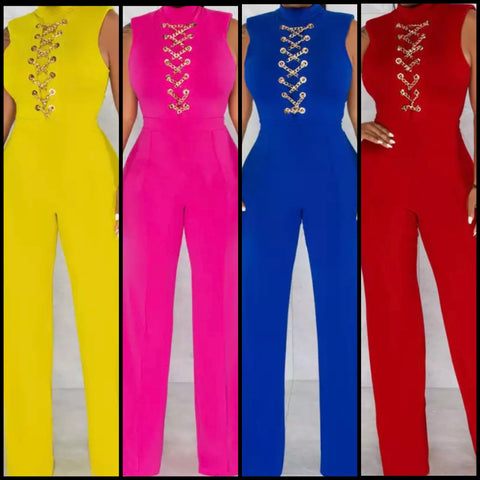 Women Sleeveless Chain Lace Up Jumpsuit