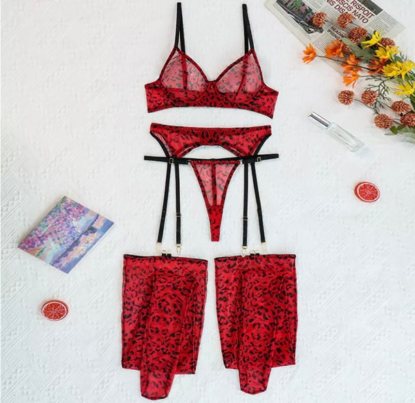 Women Sexy Red Animal Print Lingerie Set