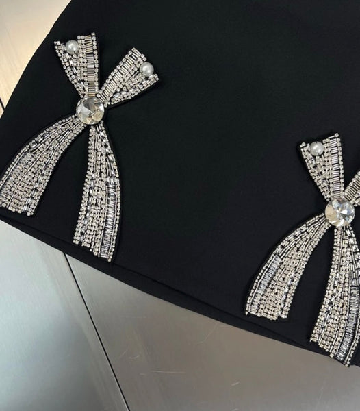 Women Rhinestone Bow Black Sexy Skirt