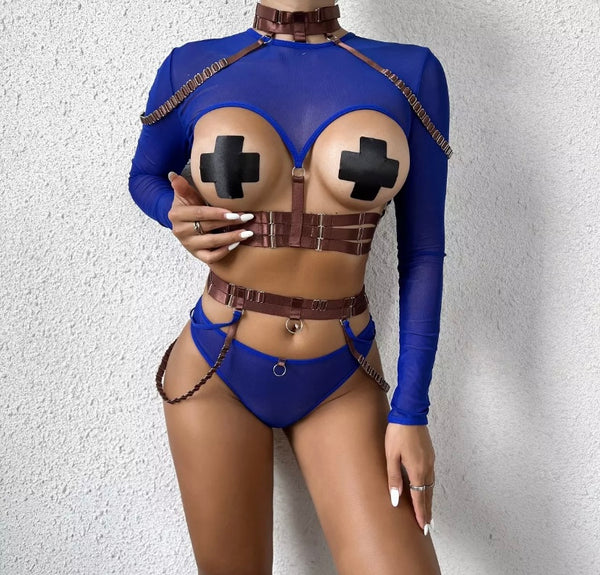 Women Sexy Cut Out Mesh Full Sleeve Lingerie Set