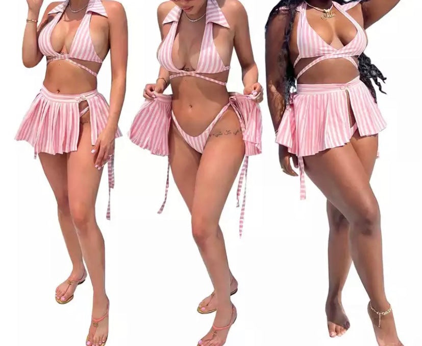 Women Pink & White Striped Bikini Cover Up Set