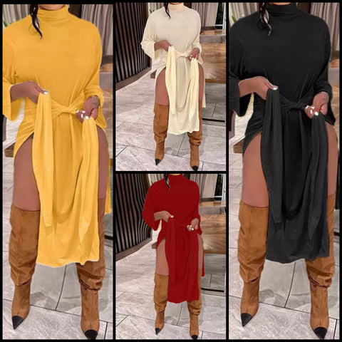 Women Sexy Side Split Solid Color Maxi Dress