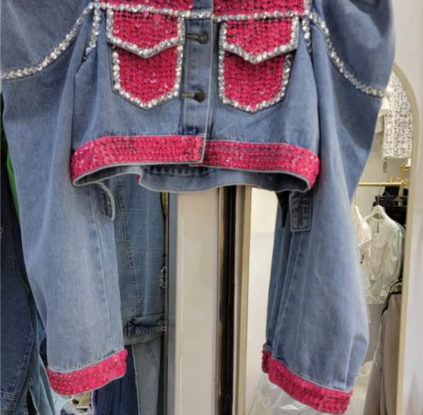 Women Fashion Sequins Patchwork Denim Crop Jacket