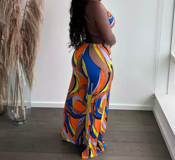 Women Sexy Multicolored Print Halter Wide Leg Jumpsuit