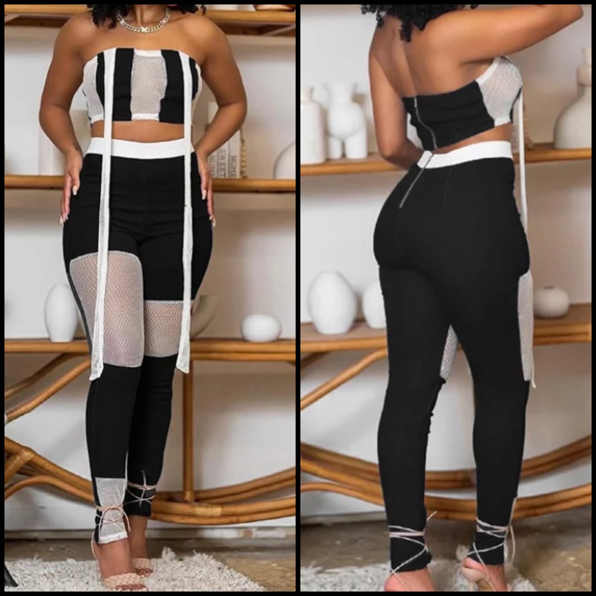 Women Sexy Mesh Patchwork Strapless Two Piece Pant Set