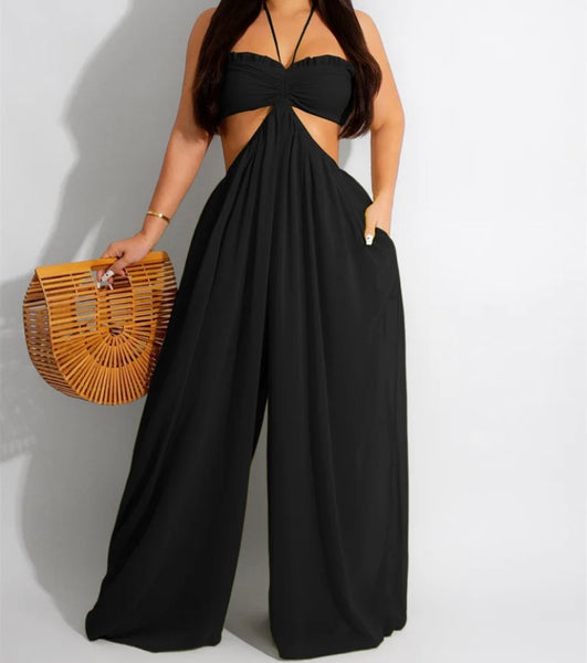 Women Sexy Sleeveless Halter Cut Out Wide Leg Jumpsuit