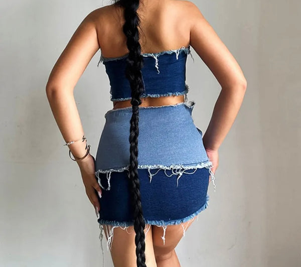 Women Buckled Strapless Color Patchwork Denim Two Piece Skirt Set