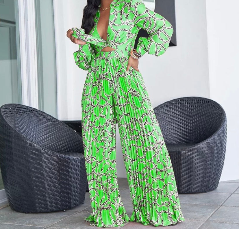 Women Fashion Full Sleeve Printed Two Piece Pleated Wide Leg Pant Set