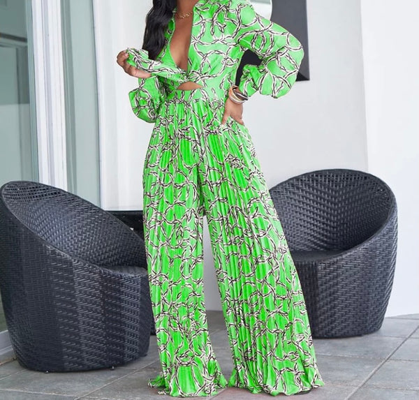 Women Fashion Full Sleeve Printed Two Piece Pleated Wide Leg Pant Set