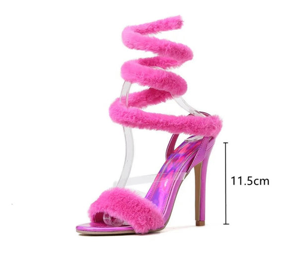 Women Fashion Faux Fur Lace Up High Heel Sandals