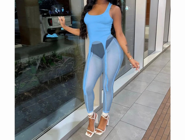 Women Sexy Fashion Sleeveless Tank Two Piece Mesh Pant Set