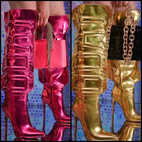 Women Fashion Letter Print Metallic Knee High Boots