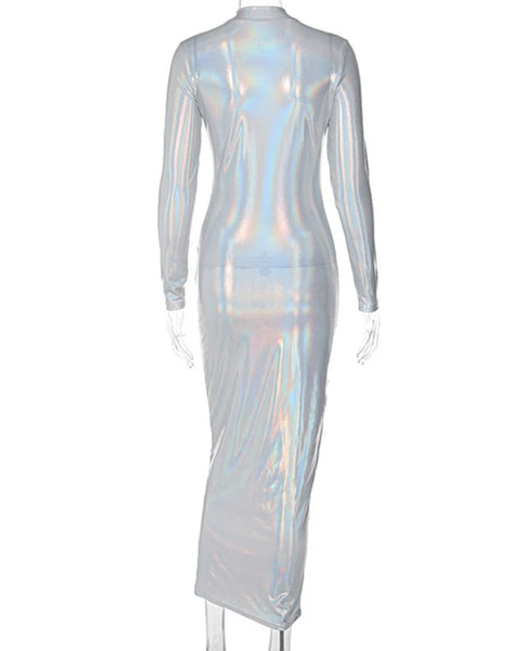 Women Sexy Silver Full Sleeve Maxi Dress
