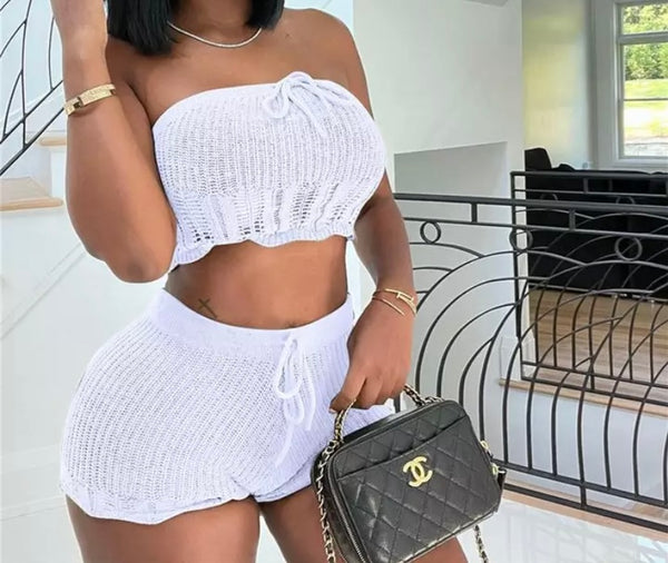 Women Sexy Strapless Drawstring Crop Two Piece Short Set