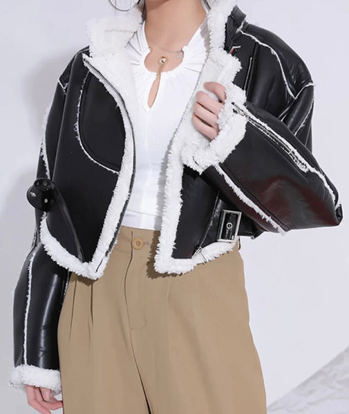 Women Fashion Warm Wool PU Buckled Crop Jacket