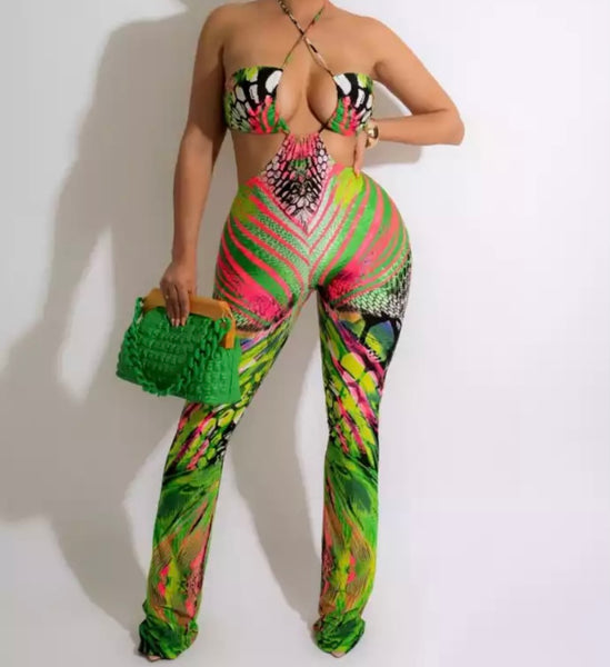 Women Sexy Colorful Print Halter Jumpsuit