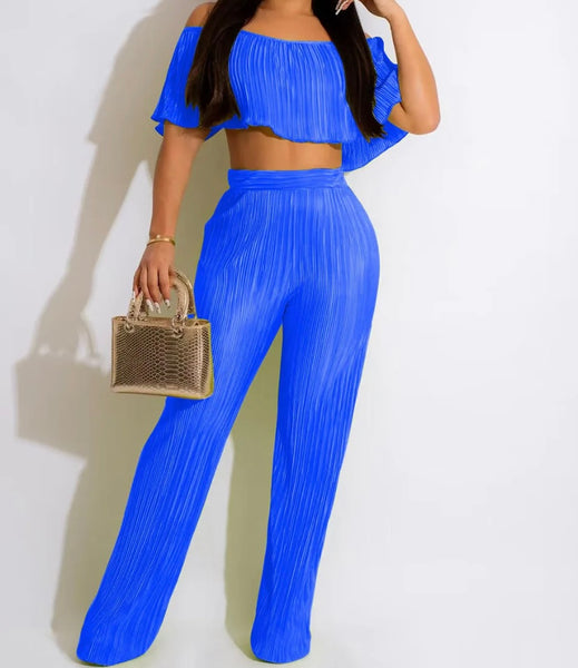 Women Sexy Short Sleeve Off The Shoulder Crop Two Piece Pant Set
