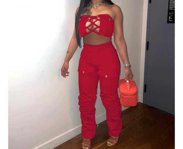 Women Sexy Strapless Crop Two Piece Pocket Pant Set