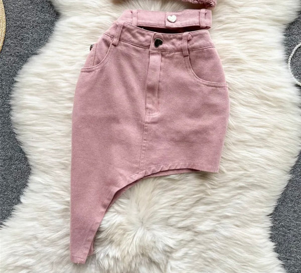 Women Sexy Pink One Shoulder Crop Two Piece Skirt Set