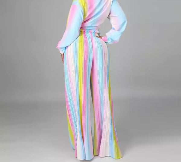 Women Rainbow Striped Two Piece Wide Leg Pant Set