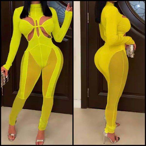Women Solid Color Mesh Patchwork Sexy Full Sleeve Jumpsuit