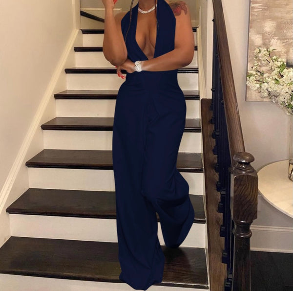 Women Solid Color Deep V-Neck Halter Wide Leg Jumpsuit