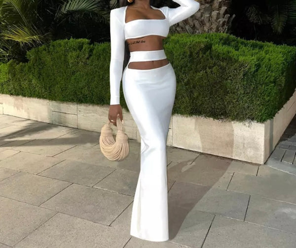 Women Sexy Two Piece Cut Out Full Sleeve Maxi Skirt Set