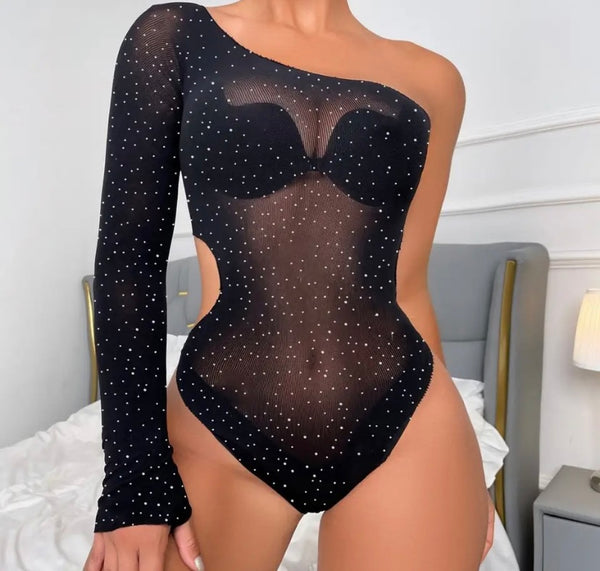 Women Sexy One Shoulder Cut Out Bling Fishnet Bodysuit Top