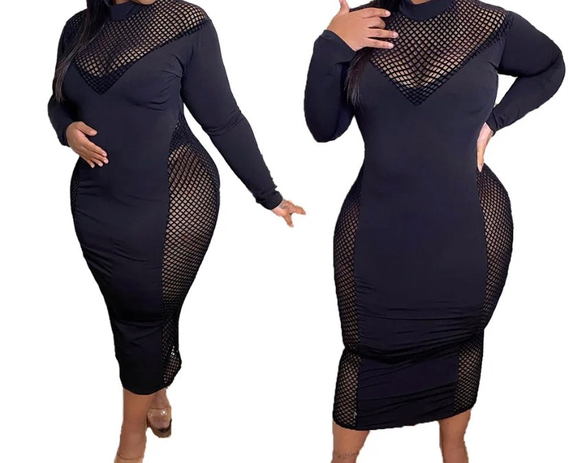 Women Sexy Full Sleeve Black Mesh Patchwork Maxi Dress