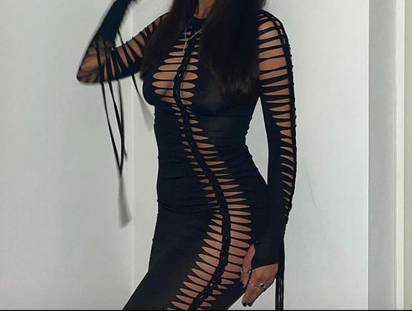 Women Sexy Solid Color Long Sleeve Hollow Out Tassel Maxi Dress