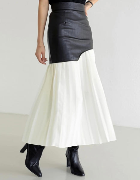 Women Fashion Faux Leather Pleated Maxi Skirt