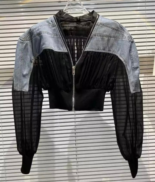 Women Denim Mesh Patchwork Fashion Crop Jacket