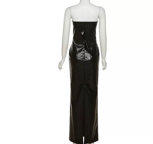 Women Sexy Black PU Strapless Maxi Dress
