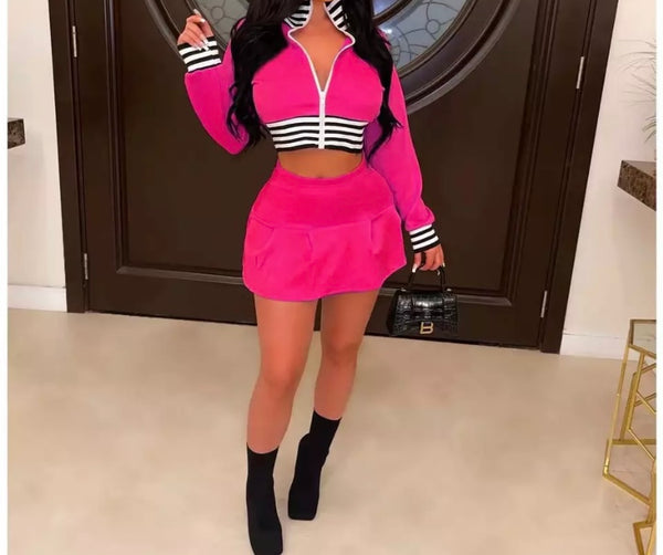 Women Fashion Crop Jacket Two Piece Skirt Set