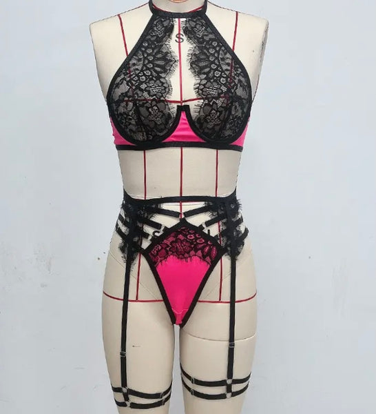 Women Sexy Lace Patchwork Thong Lingerie Set