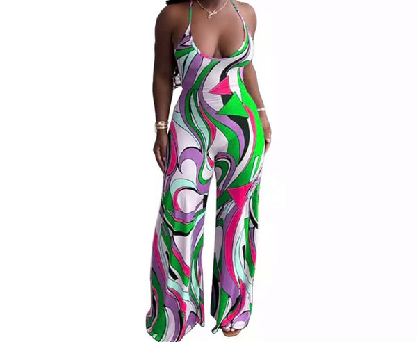 Women Sexy Multicolored Print Halter Wide Leg Jumpsuit