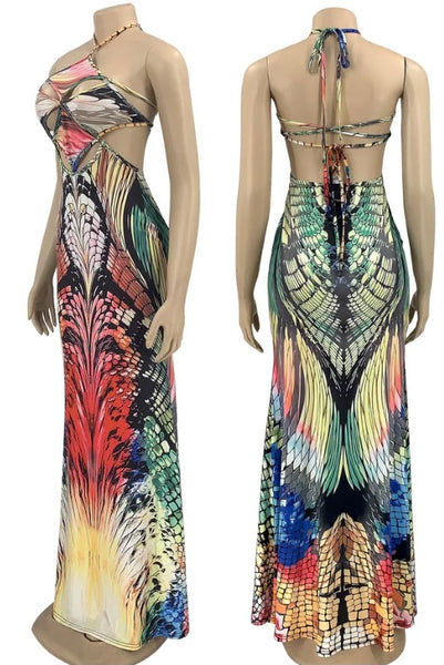 Women Sleeveless Multicolored Print Cut Out Maxi Dress