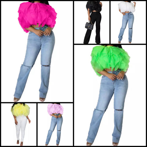 Women Solid Color Ruffled Mesh Crop Top