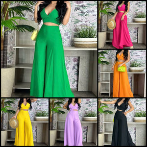 Women Sleeveless Solid Color Two Piece Wide Leg Pant Set