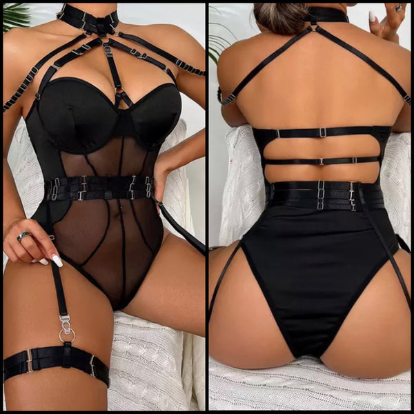 Women Sexy Mesh Black Bodysuit Sleeveless Lingerie Set