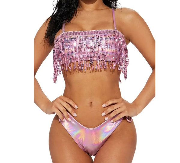 Women Sexy PU Tassel Bikini Swimsuit