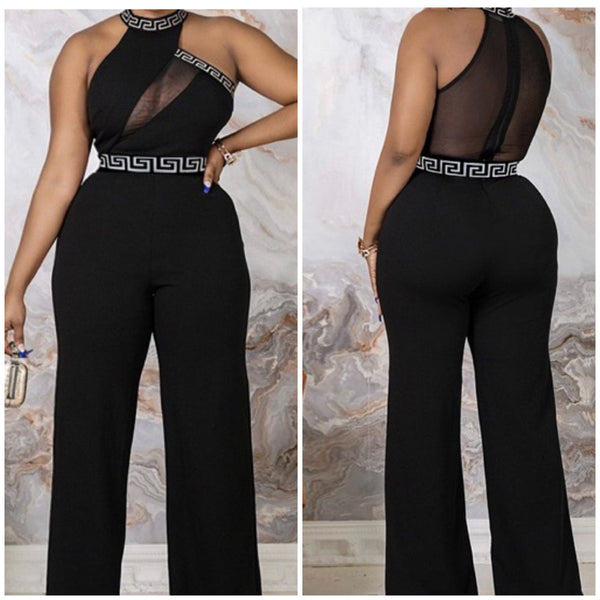 Women Sleeveless Mesh Patchwork Wide Leg Black Jumpsuit