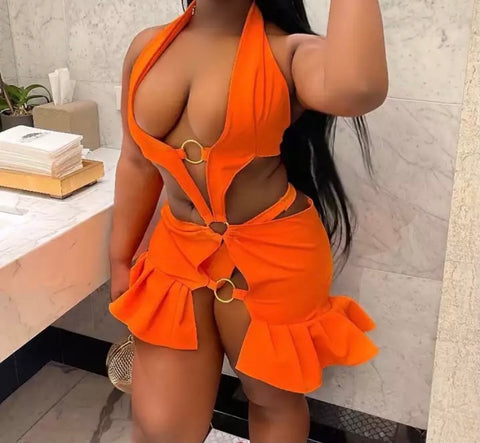 Women Sexy Orange Halter Cut Out Ruffled Dress