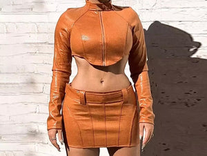 Women Sexy Fashion Faux Leather Crop Two Piece Skirt Set